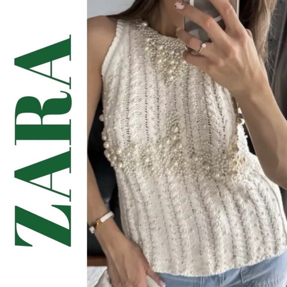 NWT ZARA WHITE ECRU CABLE KNIT FAUX PEARL SLEEVELESS SWEATER, LARGE - Picture 4 of 16